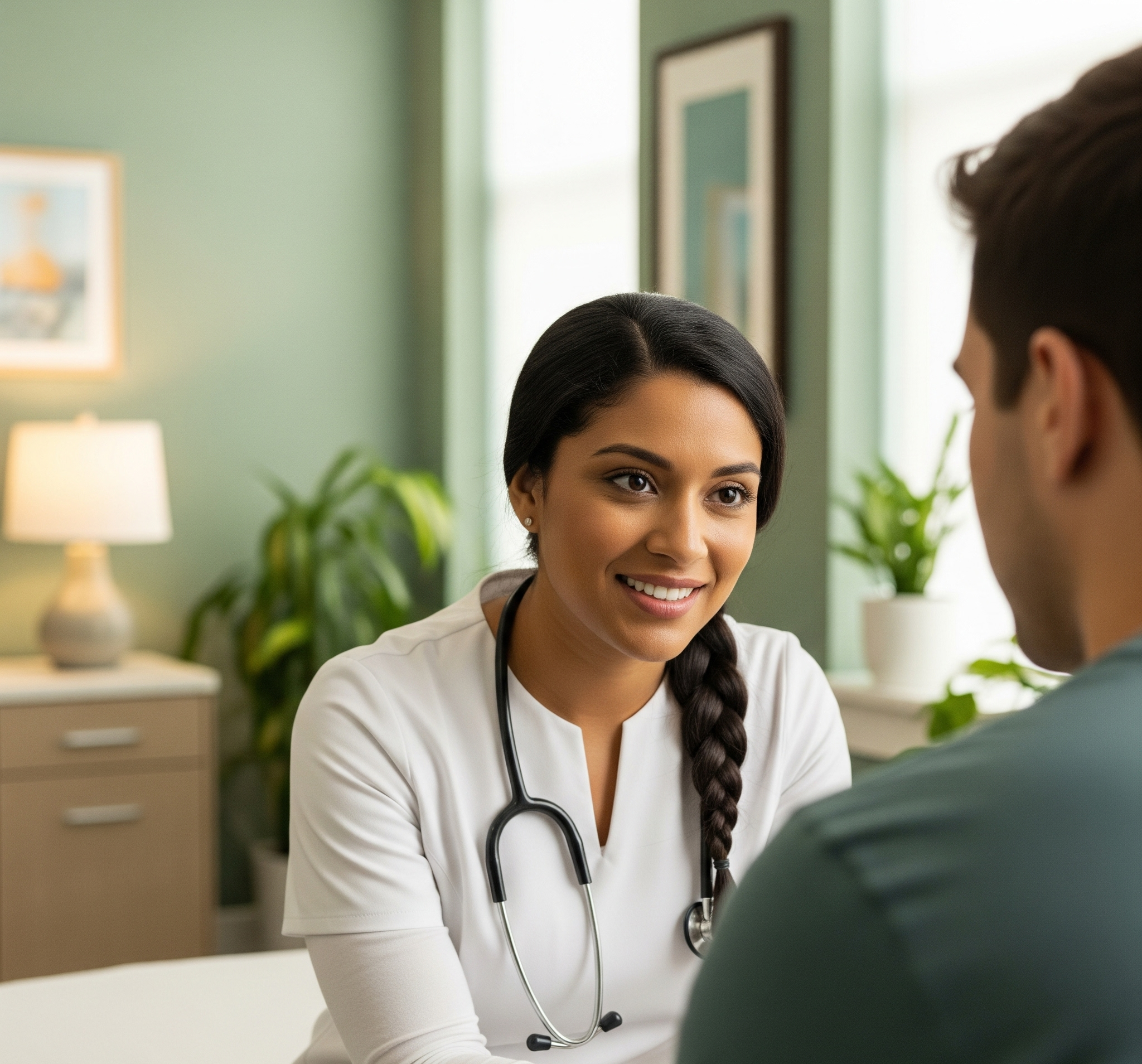 A compassionate nurse practitioner listening to a patient.