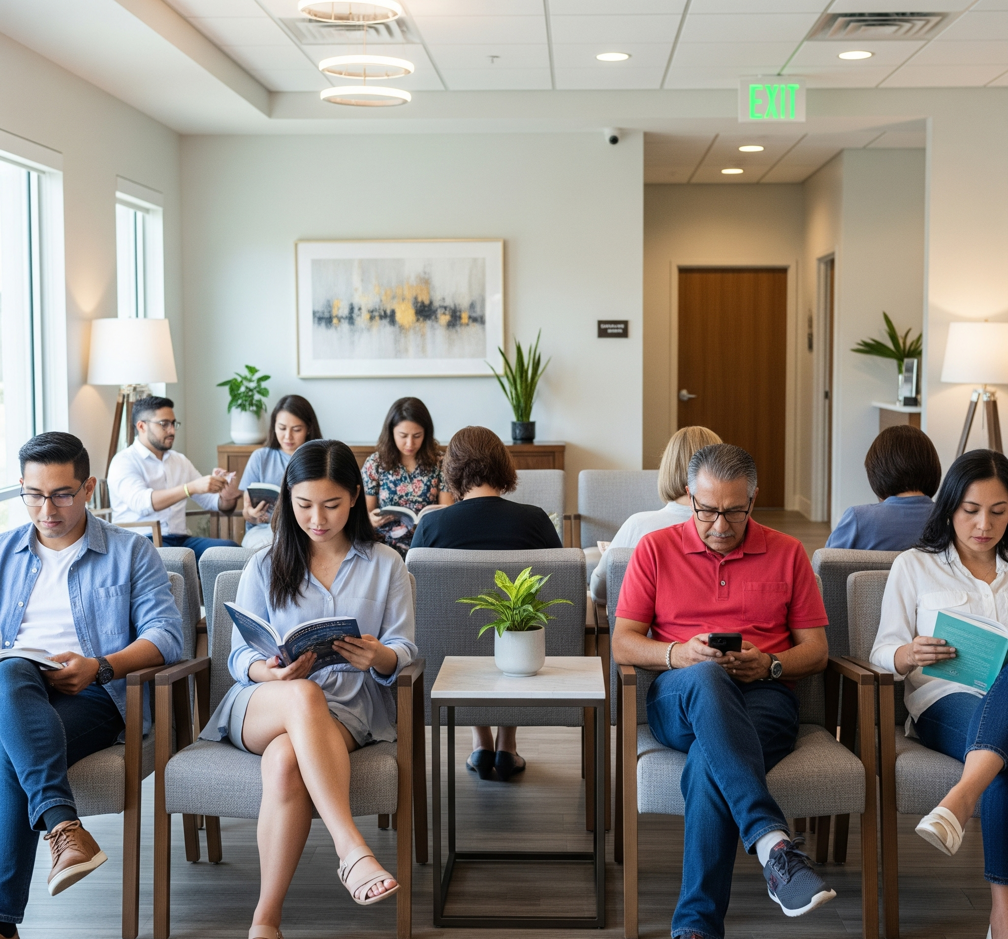 A modern and busy clinic waiting room.